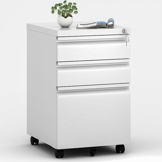 3 Drawers Mobile File Cabinet, Rolling File Cabinet Fully Assembled Under Desk, Metal Filing Cabinet with Lock for Home Office Organizer Letters/Legal/A4 (White)