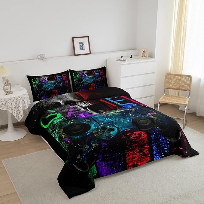 Gamer Bedding Sets for Boys, Gaming Down Comforter Full Size, Gamer Room Decor Bedding Kids Video Games Comforter Set, Sugar Skull Gamepad Bed Duvet Sets for Men Bedroom,with 2 Marble Pillow Sham