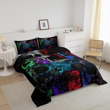 Gamer Bedding Sets for Boys, Gaming Down Comforter Queen Size, Gamer Room Decor Bedding Kids Video Games Comforter Set, Sugar Skull Gamepad Duvet Sets for Men Bedroom,with 2 Marble Pillow Sham