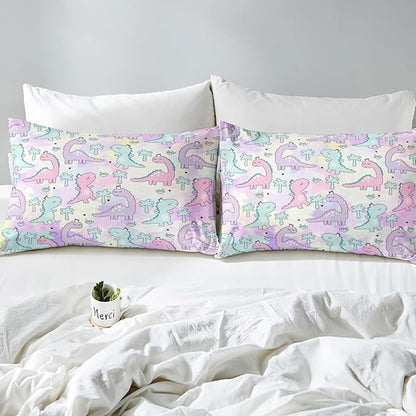 Erosebridal Dinosaur Comforter Set Queen Size, Kawaii Dinosaur Bedding Sets for Kids Girls Boys Gift Bedroom Decor, Cartoon Cute Animals Duvet Set,Palm Leaf Down Comforter, Green Purple Pink
