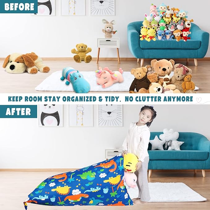 Stuffed Animal Storage Bean Bag Chair Cover, Cotton Blue Dinosaur Plush Toy Storage Stuff and Sit Seat for Kids/Teens/Adults, 52" x 31" Extra Large Triangle Floor Sofa, 200L/52Gal, Cover Only