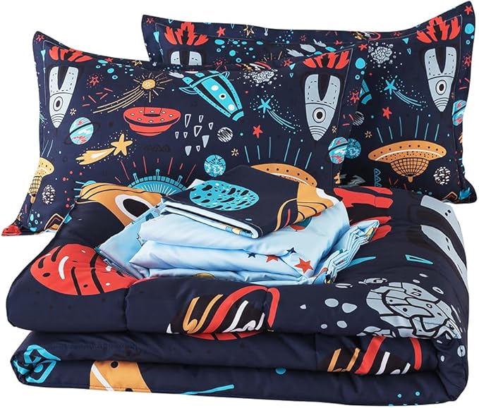 ADASMILE A & S Kids Space Comforter Set 6 Pieces Space Bedding Twin Size for Boys Space Ship Rocket Bedding Galaxy Bed in a Bag Comforter Twin Outer Space Bed Set with Blue Space Sheets Home Decor