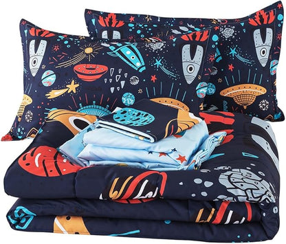 ADASMILE A & S Kids Space Comforter Set 6 Pieces Space Bedding Twin Size for Boys Space Ship Rocket Bedding Galaxy Bed in a Bag Comforter Twin Outer Space Bed Set with Blue Space Sheets Home Decor