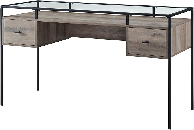 Walker Edison Writing Desk, 56, Glass Top 2 Drawer Computer, 56 Inch, Grey Wash