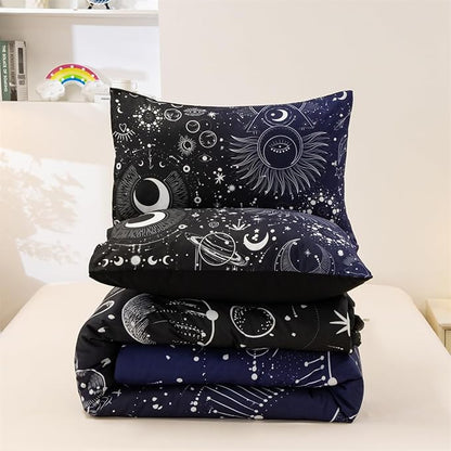 Holawakaka Stars Moon Constellation Print Comforter Set Queen Size Girls Boys Witchy Astrology Zodiac Celestial Bedding Set (Navy Blue, Queen)