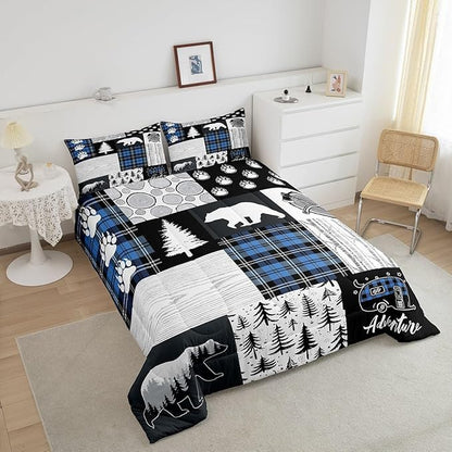 Bear Paws Comforter Set Full Size,Pine Trees Geometric Plaids Patchwork Bedding Set for Kids Boys Girls Adults Room Decor,Hunting Adventure Down Comforter,Blue Rustic Duvet Insert,2 Pillowcases