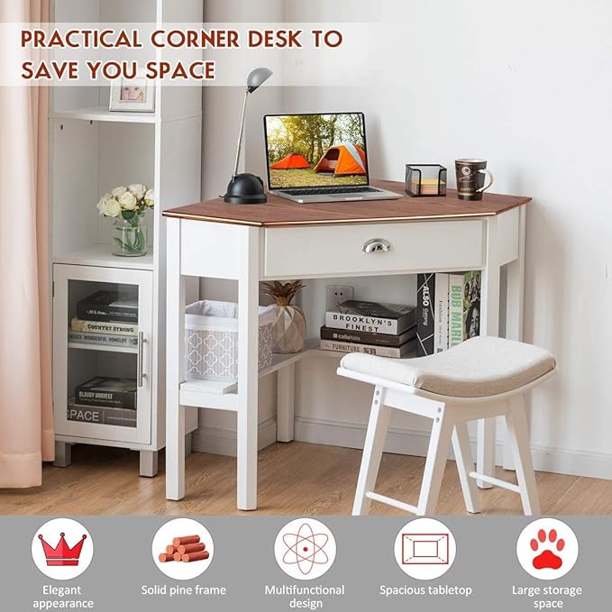 Nightcore Small, Wood Computer Desk, Compact Writing w/Drawer & Storage Shelves, Space Saving Study Workstation, Laptop PC Corner Table, Natural