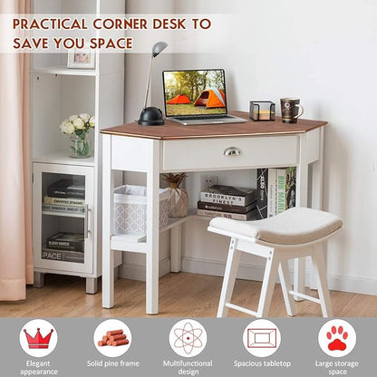 Nightcore Small, Wood Computer Desk, Compact Writing w/Drawer & Storage Shelves, Space Saving Study Workstation, Laptop PC Corner Table, Natural