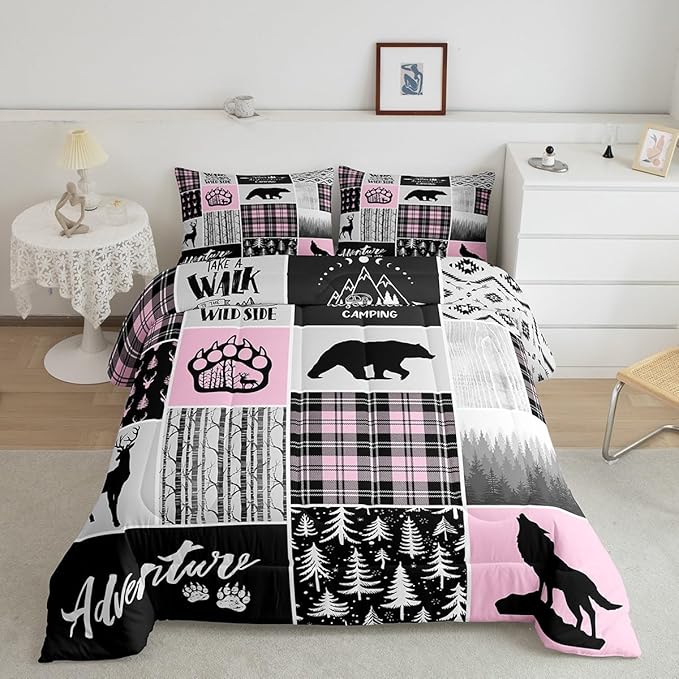 Rustic Farmhouse Comforter Set Queen Size,Deer Bear Wolf Hunting Animals Bedding Set for Kids Boys Girls Adults Room Decor,Pine Trees Patchwork Down Comforter,Pink Xmas Duvet Insert,2 Pillowcases