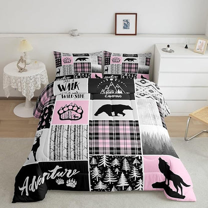 Rustic Farmhouse Comforter Set Twin Size,Deer Bear Wolf Hunting Animals Bedding Set for Kids Boys Girls Adults Room Decor,Pine Trees Patchwork Down Comforter,Pink Xmas Duvet Insert,1 Pillowcase