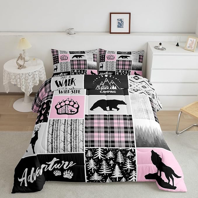 Rustic Farmhouse Comforter Set Full Size,Deer Bear Wolf Hunting Animals Bedding Set for Kids Boys Girls Adults Room Decor,Pine Trees Patchwork Down Comforter,Pink Xmas Duvet Insert,2 Pillowcases
