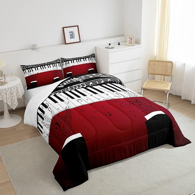 Erosebridal Music Notes Comforter Set for Kids Boys Teens Men Piano Keys Down Comforter King Size Rock Musical Bedding Set Play Piano Duvet Sets Music Bedroom Decor with 2 Pillow Cases Red Black