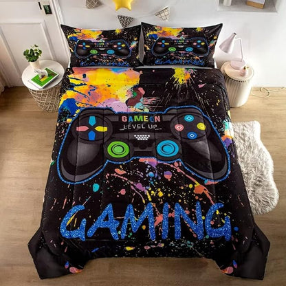 Gamer Comforter Sets for Teen Boys,Gaming Bedding Sets Twin,Video Game Bedspread,Game Gamepad Bed Set,Controller Bedding Gamer Home Decor 3 Piece 1 Comforter and 2 Pillowcases