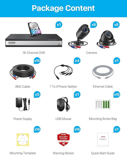 ZOSI 3K Lite 16CH Security Camera System with AI Human Vehicle Detection, Night Vision, 16 x 1080p Outdoor Indoor CCTV Wired Cameras, 16 Channel H.265+ Surveillance DVR with 2TB HDD for 24/7 Recording