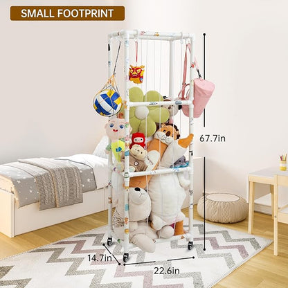 X-Large Plush Stuffed Animal Zoo Cage with Wheels, 67.7'' Stuffed Animal Storage Zoo Holder Standing, Toy Storage Organizer Shelves Basket with Net for Playroom, Bedroom, Nursery