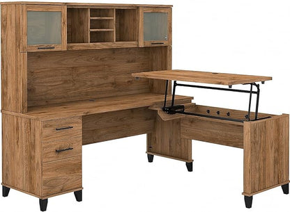 Bush Furniture Somerset 3 Position Sit L Shaped Desk with Hutch | Ergonomic Height Adjustable Standing Computer/Laptop Table for Home Office, 72W, Fresh Walnut
