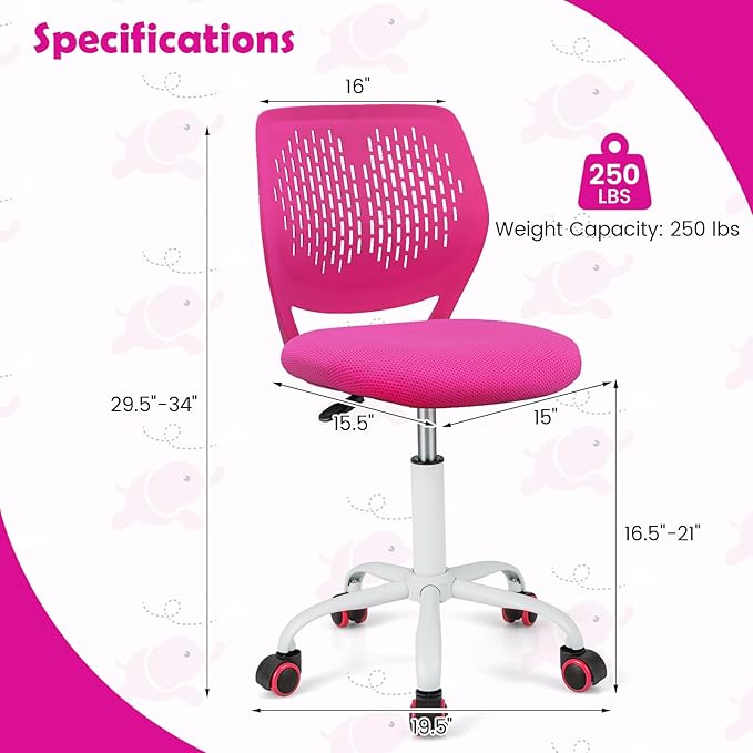 Kids Desk Chair, Blue Ergonomic Kids Office Chair Ages8-12 w/Lumbar Support, Low-Back Teen Desk Chair for Girls Boys, Small Cute Kids Computer Chair for Bedroom/Study/Vanity Desk (Rose Red)