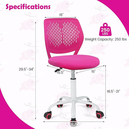 Kids Desk Chair, Blue Ergonomic Kids Office Chair Ages8-12 w/Lumbar Support, Low-Back Teen Desk Chair for Girls Boys, Small Cute Kids Computer Chair for Bedroom/Study/Vanity Desk (Rose Red)
