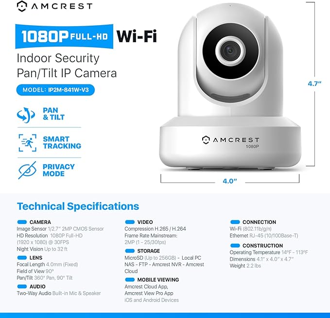 Amcrest 1080P WiFi Security Camera 2MP Indoor Pan/Tilt Wireless IP Camera, IP2M-841W (White)