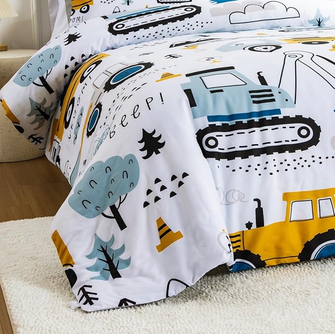 NTBED Construction Truck Full Comforter Set for Boys Kids Forest Vehicles Excavator Lightweight Microfiber Bedding Sets
