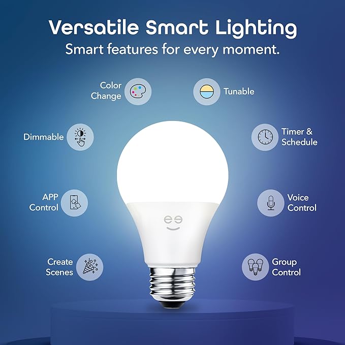 Geeni Smart Light Bulbs - Color Changing & Tunable White, Dimmable, Works with Alexa & Google Home, 2.4 GHz WiFi, A19, 800 lm, 4 Pack