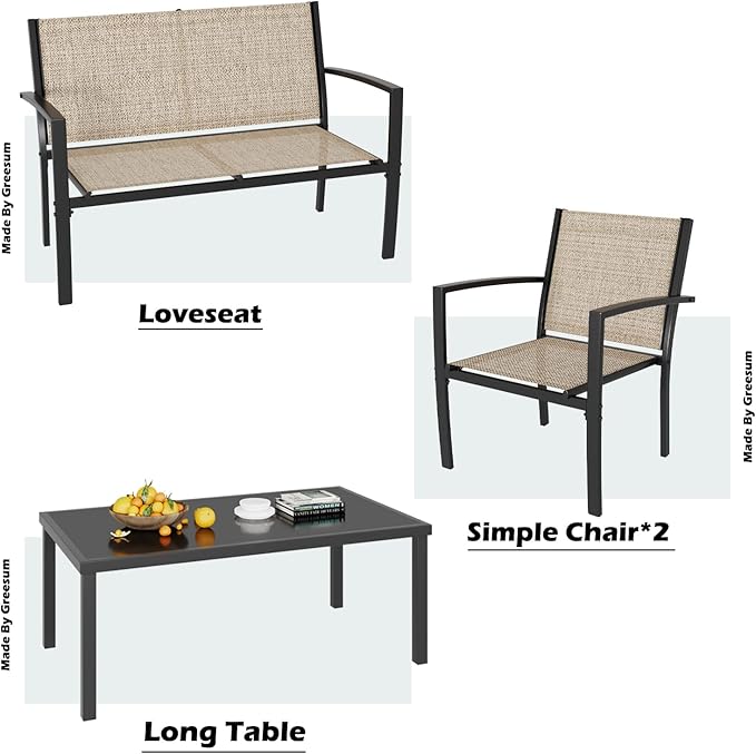 Greesum 4 Pieces Patio Furniture Set, Outdoor Conversation Sets for Patio, Lawn, Garden, Poolside with A Glass Coffee Table, Beige