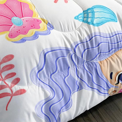 Mermaid Comforter Set Twin Size Fairy Tale Sea Shell Grass Bedding Set Starfish Quilt Bed Set for Kid Girls with 1 Comforter and 2 Pillowcases