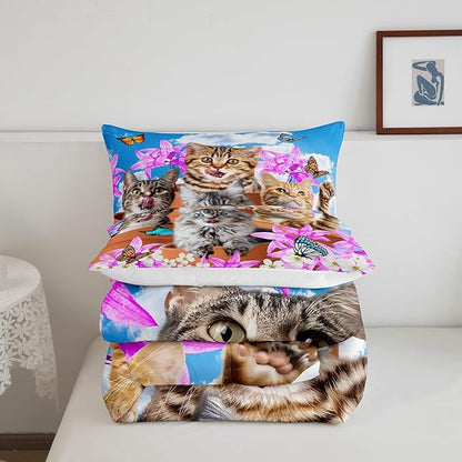 Kids Cute Cat Bedding Set Cartoon Pet Cats Kittens Comforter Set Cat Lovers Animal Themed Comforter for Boys Girls Purple Floral Butterflies Print Down Alternative Comforter Room Decor Full Size