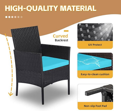 Patio Furniture Set 3 Pieces All-Weather Rattan Outdoor Furniture Patio Chairs with Tempered Glass Table for Porch Bistro Balcony Bistro Set(Black/Blue)