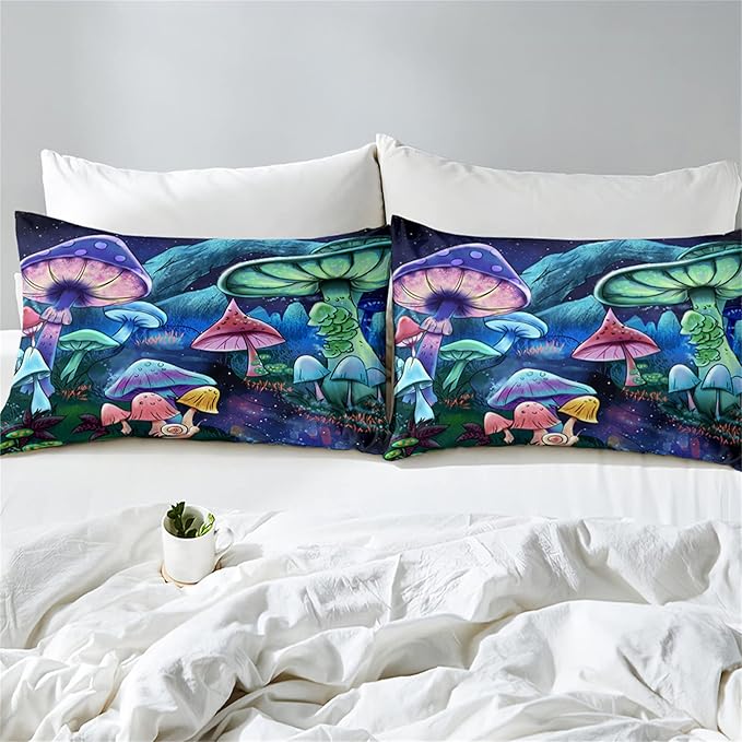 Cartoon Mushroom Bedding Set, Queen Size 3 Piece Ultra Soft Breathable Cute Mushrooms Bedding Comforter Sets Fungus Plant Bedspread for All-Season Bedroom Decor with 1 Comforter +2 Pillowcases