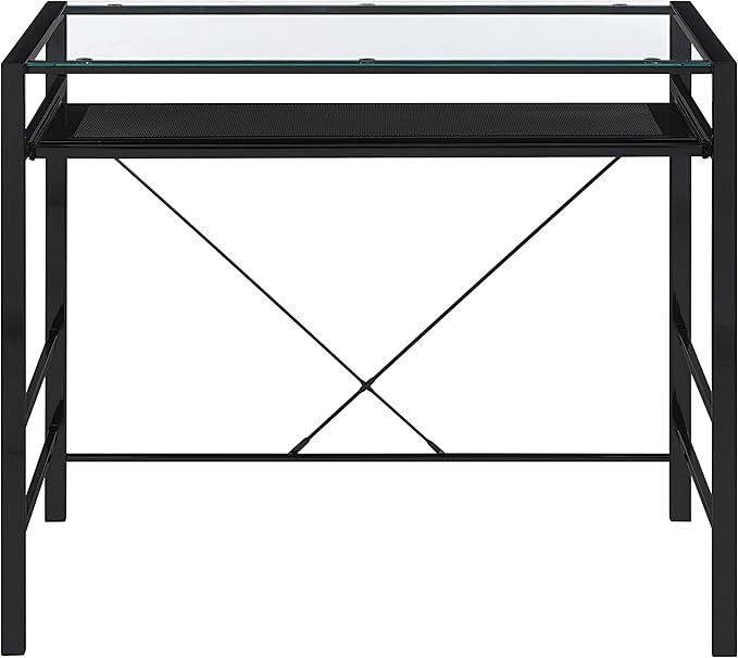 OSP Home Furnishings Zephyr Computer Desk with Keyboard Shelf and Tempered Glass Top, Clear Glass and Black Frame, 36" W x 20" D x 30.25" H