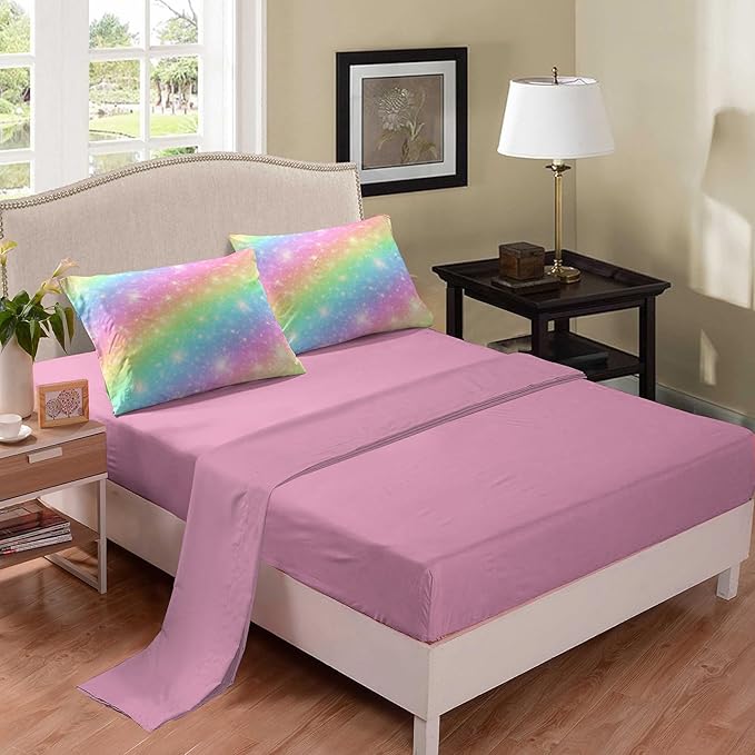 NINENINE Rainbow Bedding Girls Full Size Comforter Sets 5PCS Girls Pink Bedding Set Teen Girl Comforter Set(1Comforter, 1Flat Sheet, 1Fitted Sheet, 2Pillowcases)…