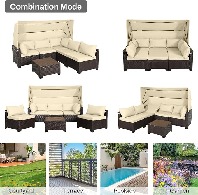 6 PCS Outdoor Patio Furniture Set,Sectional Sofa Set,Rattan Daybed with Retractable Canopy,Adjustable Backrest,Storage Coffee Table,Chaise Chair Sunbed for Porch Garden Poolside Backyard(Beige)