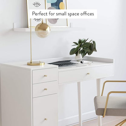Nathan James Daisy Vanity Dressing Table or Makeup Desk with 4-Drawers and Brass Accent Knobs, White Wood