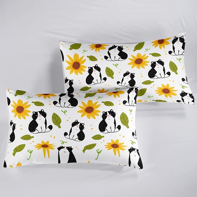 Kawaii Cat Comforter Queen Size,Sunflower Cat Comforter Set for Kids Teens Girls Boys,3Pcs Bedding Set Printed Comforter with 2 Pillowcases,Down Alternative,Soft and Lightweight，Queen Size