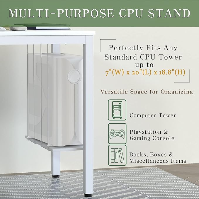 White Computer Desk 47" Writing Desk Study Table with CPU Storage Shelf for Home Office, Workstation, Office, Gaming Room- Sturdy Stable White Metal Frame