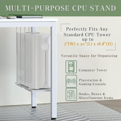 White Computer Desk 47" Writing Desk Study Table with CPU Storage Shelf for Home Office, Workstation, Office, Gaming Room- Sturdy Stable White Metal Frame