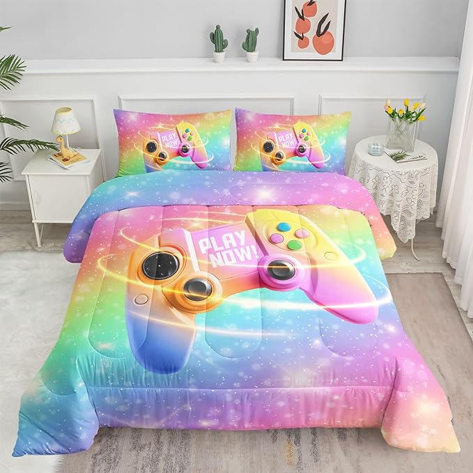 Datura home Bedding Comforter Set Rainbow Gamepad Printed Pattern Quilt with 1 and 2 Pillowcases for Girls Bedroom All Season(Rainbow Full) Full 80x90inches