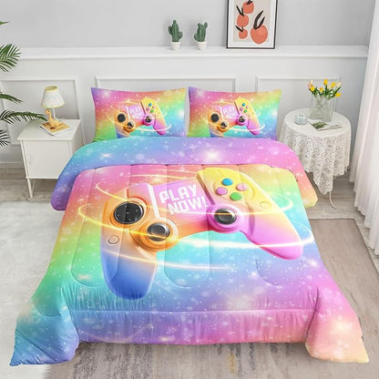 Datura home Bedding Comforter Set Rainbow Gamepad Printed Pattern Quilt with 1 and 2 Pillowcases for Girls Bedroom All Season(Rainbow Full) Full 80x90inches