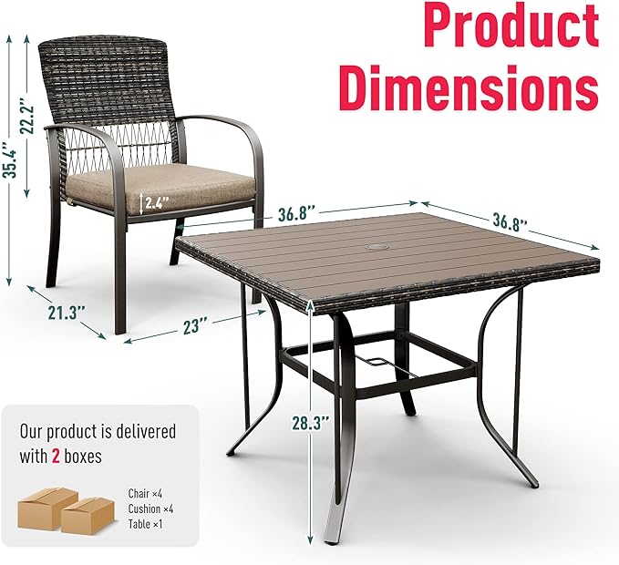 Pamapic Outdoor Piece Patio Dining Set, Weather Resistant PE Rattan Table and Chairs, Comfortable Cushions, Easy Maintenance, 5 PCS, Beige