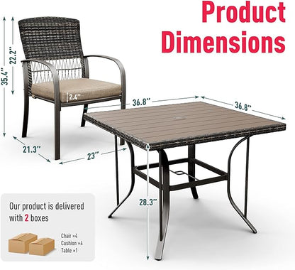 Pamapic Outdoor Piece Patio Dining Set, Weather Resistant PE Rattan Table and Chairs, Comfortable Cushions, Easy Maintenance, 5 PCS, Beige