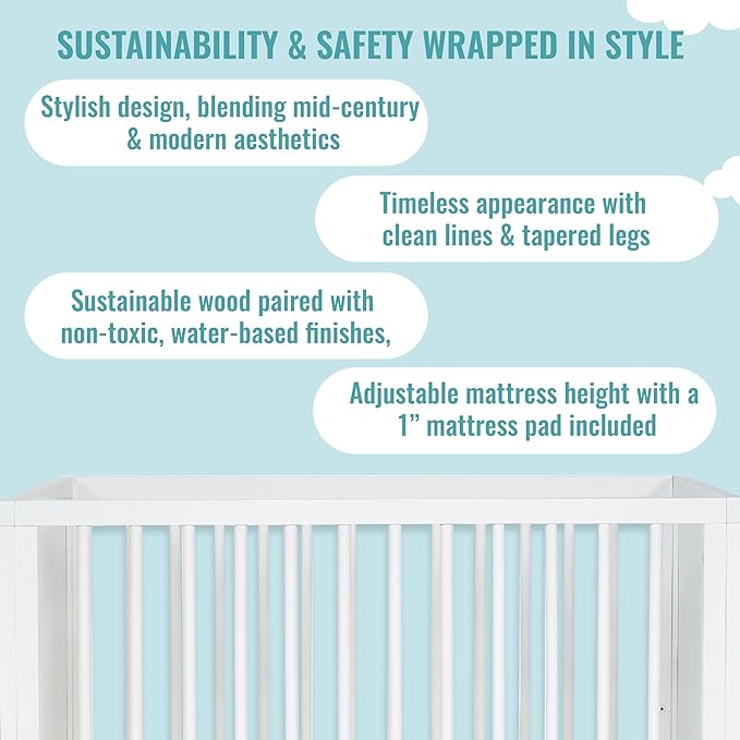 Lucas Mini Modern Crib with Rounded Spindles in White , 39x25.5x33 Inch (Pack of 1)