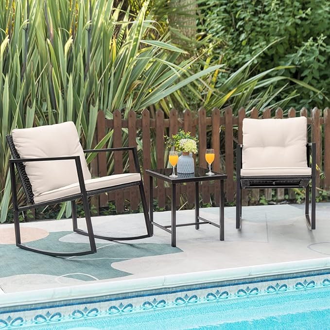 Greesum 3-Piece Rattan Wicker Patio Furniture Set with Rocking Chairs, Glass Table and Corelle 18-Piece Dinnerware Service for 6