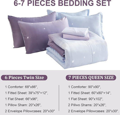 Girls Comforter Set Twin Size 6 Pieces Colorful Ombre Purple Rainbow Bedding Set Bed in A Bag for Kids Teen Girls (1 Comforter, 1 Flat Sheet, 1 Fitted Sheet, 1 Pillow sham, 2 Pillowcases)