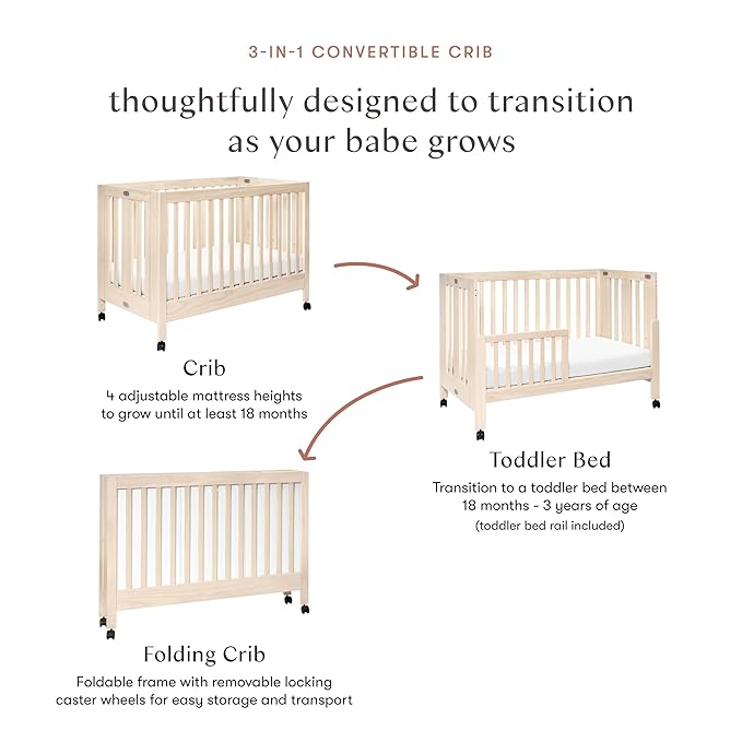 Babyletto Maki Full-Size 2-in-1 Portable Folding Crib with Toddler Bed Conversion Kit in Washed Natural, Greenguard Gold Certified