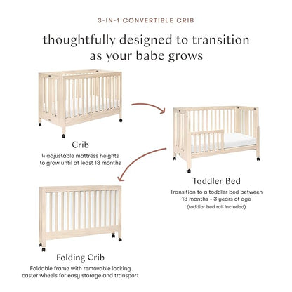 Babyletto Maki Full-Size 2-in-1 Portable Folding Crib with Toddler Bed Conversion Kit in Washed Natural, Greenguard Gold Certified