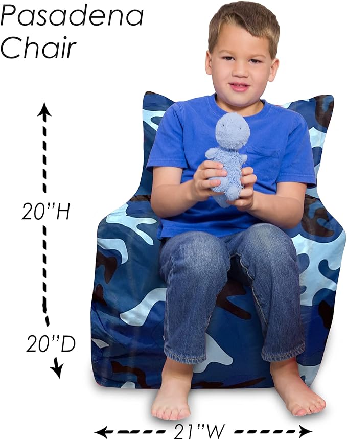 Posh Creations Structured Comfy Bean Bag Chair for Gaming, Reading and Watching TV, Pasadena Chair, Nylon - Camo Blue and Light Blue
