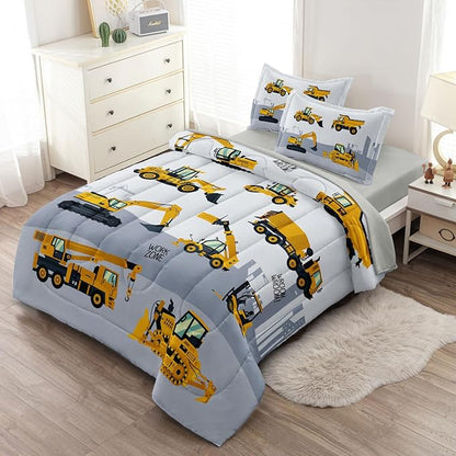 4-Pcs Construction Twin Size Boys Bedding Set, Kids Comforter Set for Teens with Sheets and Pillowcase, Soft Grey Tractor Cars Bed in a Bag Sets