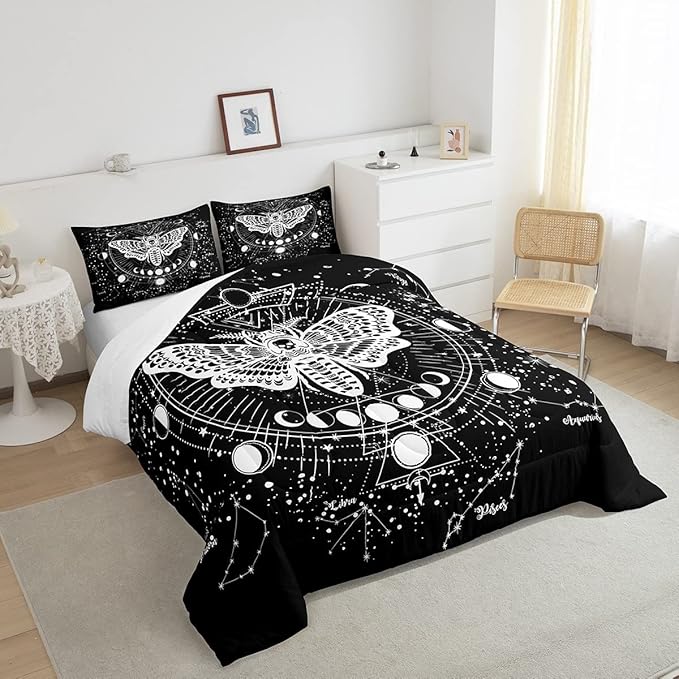 Erosebridal Bohemian Moth Comforter Halloween Skull Bedding Set Full Size Sun Moon Constellation Duvet Set for Kids Boys Girls Teens Gift Gothic Moth Skull Skeleton Bones Lightweight Down Comforter
