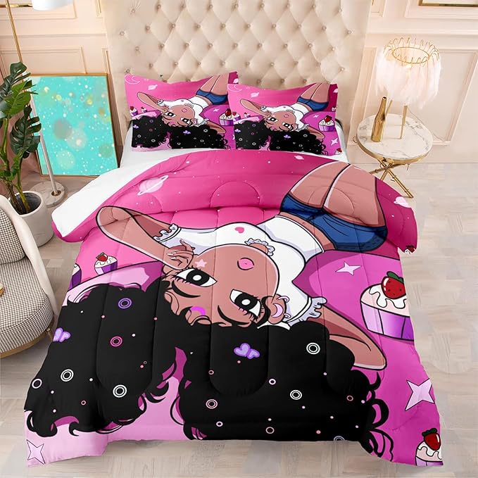 African American Comforter Sets for Girls, Twin Comforter Set for Girls, Girls Bedroom Decor, Black Girls Kids Comforter Sets 2 Piece Pink Twin Size Pretty Girl Bedding Set with 1 Pillowcase